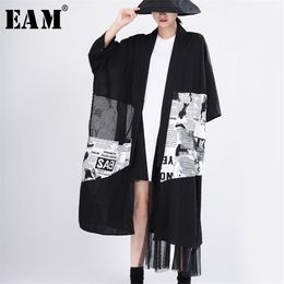 [EAM] Women Blakck Mesh Pattern Printed Big Size Trench V-collar Long Sleeve Loose Fit Windbreaker Fashion Spring 1T056 210914