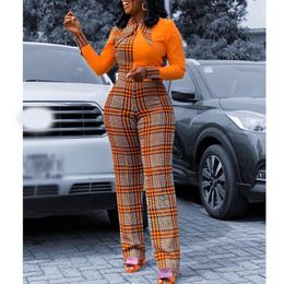 Women's Jumpsuits & Rompers African Vinatge Orange Plaid Colour Block Long For Women Style Brand Design Elegant Work Office Ladies