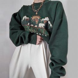 QWEEK Y2K Vintage Green Women Hoodies Oversize E Girl Aesthetic Print Sweatshirt Autumn 90s Street Pullover Long Sleeve Top 220311