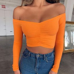 Womens Long Sleeve T-shirt Summer T Shirt Fashion Casual Sexy Off Shoulder Solid Color Umbilical Exposure Tops