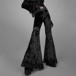 Mall Goth High Waist Flared Pants Aesthetic Sexy Lace Patchwork Trousers Women Vintage Elegant Velvet Christmas Dance Pants Q0801