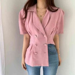 Blazer & Suits Chic Fashion Summer Retro Pleated Puff Short Sleeve Turn Down Collar Blazers Jacket Double-breasted Back Split 210429