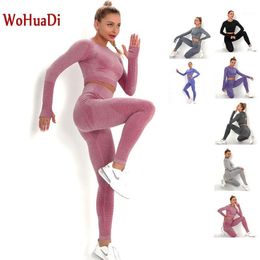 Yoga Outfit WOHUADI Seamless Long Sleeves Shirts Fitness Set Sport High Waist Leggings Women Clothing Polka Dot Jacquard Crop Top