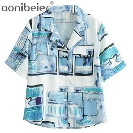 Fashion Printed Summer Short Sleeve Fake Pocket Women Blouses Notched Collar Buttons Regular Fit Shirts Female Tops 210604