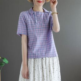 Summer Style Women Short Sleeve Loose Turn-down Collar T-shirt all-matched Casual cotton linen Plaid Tee Shirt Femme Tops M515 210512