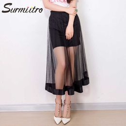 SURMIITRO Summer See Through Long Tulle Skirt Women Korean Style Black Mesh High Waist Maxi A Line Pleated Skirt Female 210712