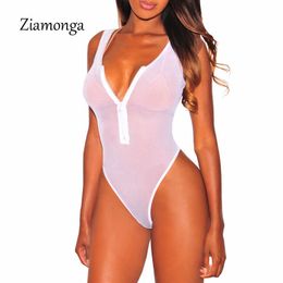 Ziamonga 2018 Summer Sexy Bodysuits Women Black Mesh Sheer One Piece Transparent Bodysuit Beachwear Jumpsuit Overalls For Women Y0927