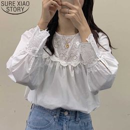 White Tops Embroidery Woman Shirts Korean Style Long Sleeve Women Blouse O-neck Hollow-out Lace Shirt Chic Blusas 10839 210527