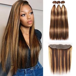 Ishow Transparent Lace Frontal Highlight Human Hair Bundles with Closure Brazilian Body Wave 3/4 Pcs Peruvian Coloured Straight Malaysian