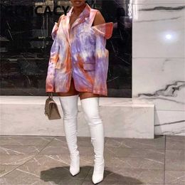 Women Abstract Printed Cold Shoulder Blazer Chic Notched Lapel Smart Casual Sport Coat 211122