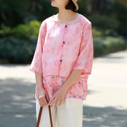 Johnature Women Ramie Shirts Vintage Print Floral Blouses O-Neck Half Sleeve Summer Pink Original Loose Women Shirts 210521