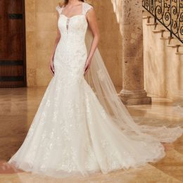 Sparkling Sequined Mermaid Wedding Dress with a Long Wrap Court Train Bridal Gowns Open Back with Lace-Up Tulle Applique