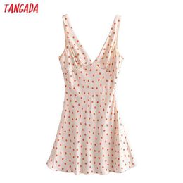 Tangada Women Fruit Print Short Dress V Neck Strap Sleeveless Korean Fashion Lady Backless Dresses Vestido 3H311 210609