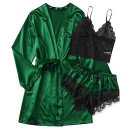 New Sexy Ladies Lace Satin Silk Pyjamas Shorts Set Women NightdrLingerie Robes Underwear Nightwear lingerie femme A70 X0526