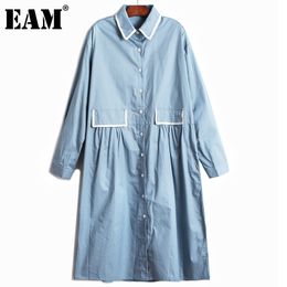 [EAM] Women Black Big Size Contrast Color Pleated Shirt Dress Lapel Long Sleeve Loose Fit Fashion Spring Autumn 1DD8236 21512
