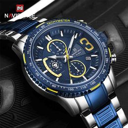 NAVIFORCE Mens Quartz Multifunction Chronograph Sports Watches Fashion Waterproof Military Top Luxury Stainless Steel Wristwatch 210804