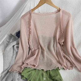 Summer wild casual knitted small cardigan for womens top jacket Korean Ruffles V-neck blouse cardigans hollow knit sweater women 210805