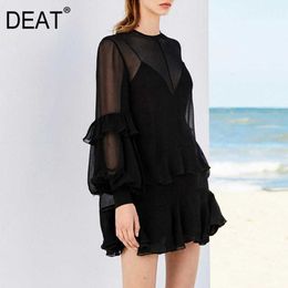 [DEAT] Black Loose Long Sleeve Round Neck Net Yarn Personality High Quality Dress Women Spring Fashion 13C154 210527