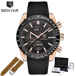 BENYAR Men Watches Brand Luxury Silicone&Steel Band Wristwatches Man Leather Chronograph Quartz Military Watch Relogio Masculino 210329