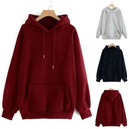 Einfarbiger Fleece-Hoodie Damen Casual Kapuzentasche Langarm Pullover Sweatshirt Plus Size Tops 210721