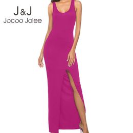 Jocoo Jolee Summer Slim T Shirt Dress Women Sexy Tank Casual Sleeveless O Neck Solid Split Long Beach 210518