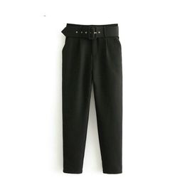 1 black suit pants for woman high waist sashes pockets office ladies fashion middle aged pink yellow 6A22 210514