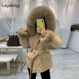 Lagabogy Winter Women Real Fur 90% White Duck Down Coat Female Thick Hooded Puffer Jacket With Natural Cuffs Parkas 211108