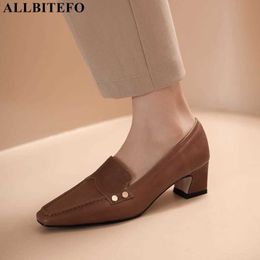 ALLBITEFO soft genuine leather women heels thick heel spring fashion casual cow leather high heel shoes high heels women shoes 210611