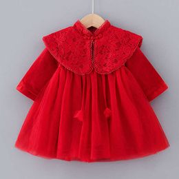 Baby Girl Tang Suits Chinese Style Winter Lace Shawl A-Line Girls Dress Warm Red Year Party Fairy Princess 210529