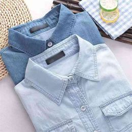 Arrival Spring/autumn Women Pockets Cotton Denim Turn-down Collar Blouse Long Sleeve Single Breasted Casual Shirts W188 210512