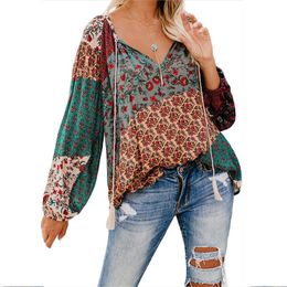 Plus Size Blouse Women V-neck Long Sleeve Shirt Summer Casual Loose Floral Print Tops Ladies Blouses 210608