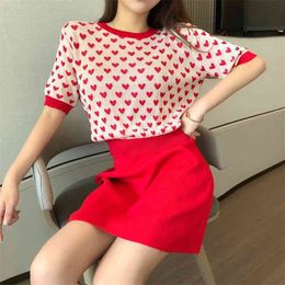 Korean Fashion Short Sleeve Two-Piece Suit Women Love Printing T-Shirt And Solid Mini Skirt Summer Sweet Sets 210522