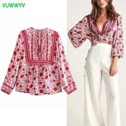 VUWWYV Pink Green Floral Print Woman Blouses Summer Chic Beach Smock Design Blouse Women Long Sleeve Front Tie Tops 210430