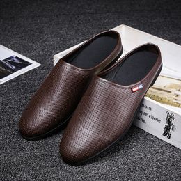 Men Summer New Fashion Leather Casual Mules Hombre Breathable Hollow Soft Half Loafer Slippers Male Slip-on Half Leisure Shoes