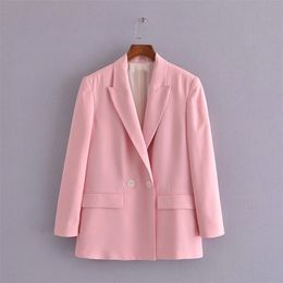 Za Elegant Spring Pink Double Breasted Blazer Women Long Sleeve Office Lady Blazers Coat Woman Flap Pockets Outerwear Top 211019