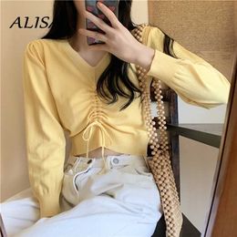 Spring Autumn Sweater Women Long Sleeve V Neck Crop Top Korean Style Ladies Sweet Pullover Knitted Shirts 211011