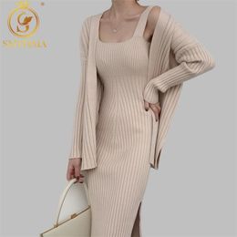 HMA High Quality Winter Women's Casual Long Sleeved Cardigan + Suspenders Sweater Vest Two Piece Runway Dresses Suit 211106