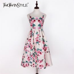 Vintage Floral Print Sling Dress For Women Square Collar Sleeveless High Waist Ball Gown Female Summer Fashion 210520