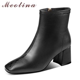 Meotina Genuine Leather High Heel Ankle Boots Women Shoes Square Toe Thick Heels Short Boots Zipper Female Boots Winter Black 210608