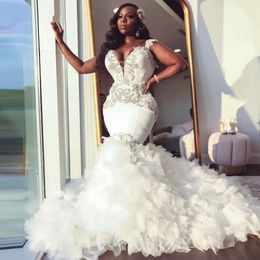 Luxury Ruffles Tiered Long Train Mermaid Wedding Dresses With Crystals Beaded Straps Plus Size African Bride Wedding Gowns Deep V Neck Chapel Bridal Dress