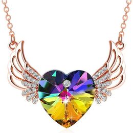 Chains Rose Gold Angel Wing Heart Necklace Crystals For Women Girl Guardian Pendant Dainty Jewelry