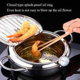 Temperature Control Japanese Deep Frying Pot with a Thermometer and a Lid 304 Stainless Steel Kitchen Tempura Fryer Pan 20 24 cm 210319