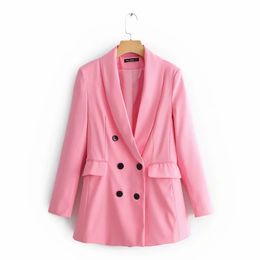 Elegant women pink blazers fashion ladies double breasted jackets suits casual female long sleeve blazer coats girls chic 210427