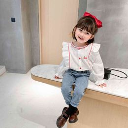 Baby girls cotton cute cherry ruffles fashion long sleeve shirts soft casual falbala floral shirt Tops 210508