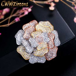 3D Design Mixed Rose Gold Silver Plated Cubic Zirconia Large Luxury Wedding Party Flower Brooches for Women BH009 210714