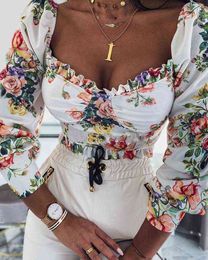 Women's Crop Top Elegant Long Puff Sleeve Square Neck Ruffle Trim Floral Print T-Shirt Summer Corset Streetwear G220228