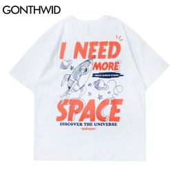 GONTHWID Tees Shirts Hip Hop Harajuku Men Summer Planet Rocket Print Short Sleeve Cotton Tshirts Casual Streetwear T-Shirts Tops C0315