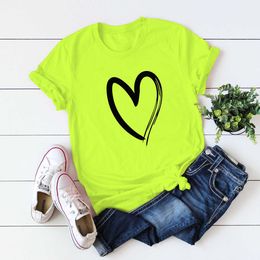 Women Neon Green T-shirt Heart Print Ladies Simple and Comfortable Short Sleeve Tee Shirts Cotton Plus Size O-Neck Casual Tops X0628