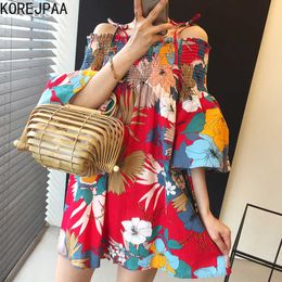 Korejpaa Women Dress Summer Korean Chic Girls Holiday-Style One-Line Necktie Bowknot Wrinkled Bright Flower Colour Vestidos 210526