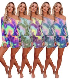 Tie Dye Colorful Print Two Piece Sets Autumn Sexy Off Shoulder Long Sleeve Tops+Drawstring Pocket Shorts Casual Home Suits Femme 210507